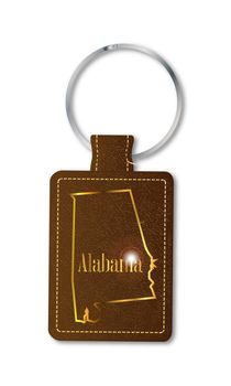 A brown leather key fob and ring over a white background with the text Alabama
