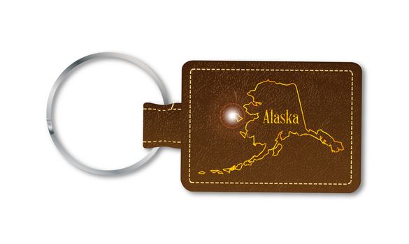 A brown leather key fob and ring over a white background with the text Alaska