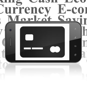 Money concept: Smartphone with  black Credit Card icon on display,  Tag Cloud background, 3D rendering