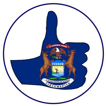 Michigan Flag hand giving the thumbs up sign all over a white background