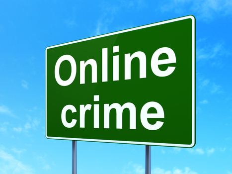 Security concept: Online Crime on green road highway sign, clear blue sky background, 3D rendering