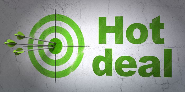 Success business concept: arrows hitting the center of target, Green Hot Deal on wall background, 3D rendering