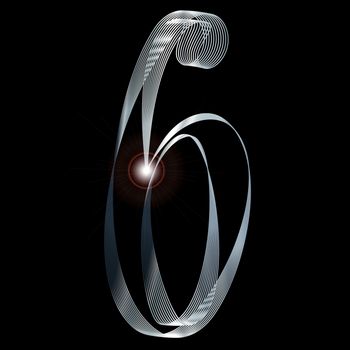 The number six depicted in fine silver thread over a black background