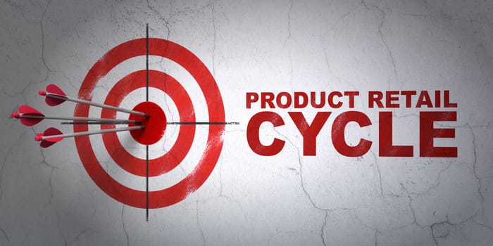 Success marketing concept: arrows hitting the center of target, Red Product retail Cycle on wall background, 3D rendering