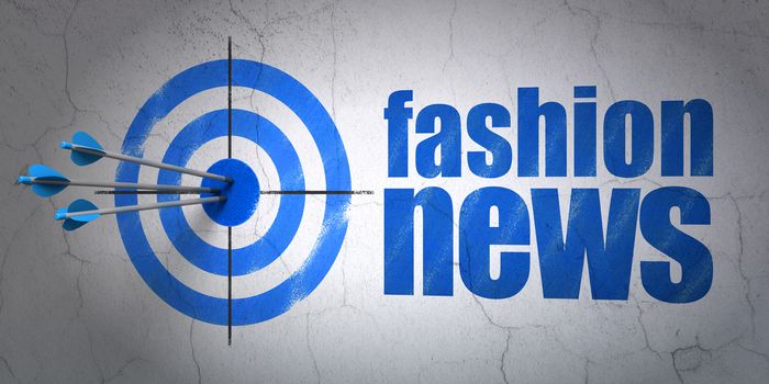 Success news concept: arrows hitting the center of target, Blue Fashion News on wall background, 3D rendering