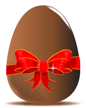 Chocolate Easter egg with bright red ribbon isolated on a white background