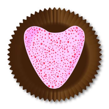 A typical strawberry flavour heart shaped chocolate from a chocolate box selextion over a white background