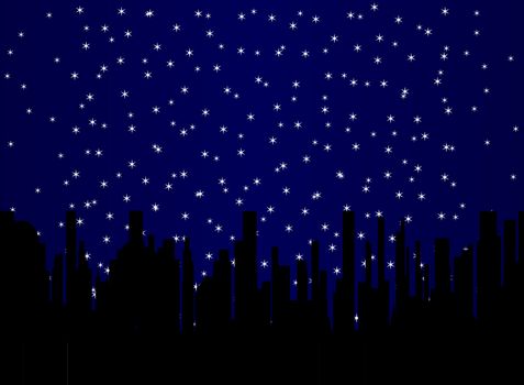 A random spread star field over a black cityscape background