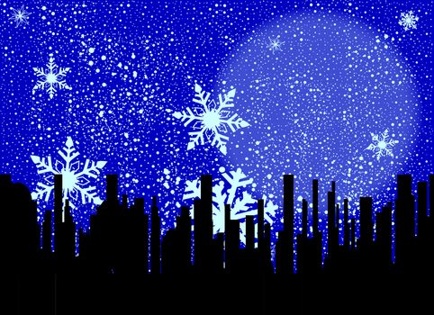 A snowflake filled sky over a black cityscape