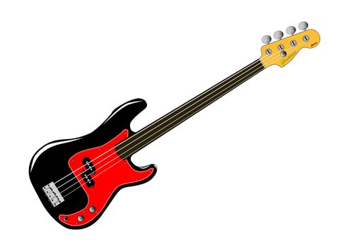 A generic fretless bass guitar isolated over a white background.