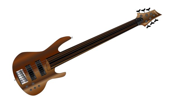 A generic six string fretless bass guitar isolated on black.