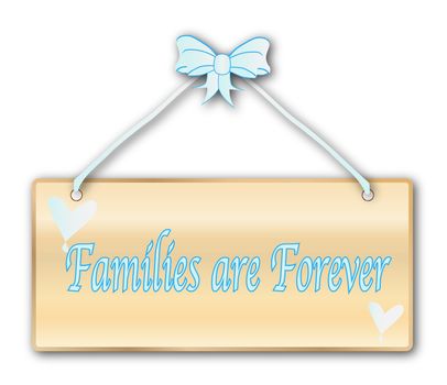 Families Are Forever plaque in woodgrain with light blue ribbon and bow over a white background with love cartoon hearts