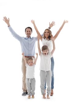 Happy family with raised hands up isolated on white background