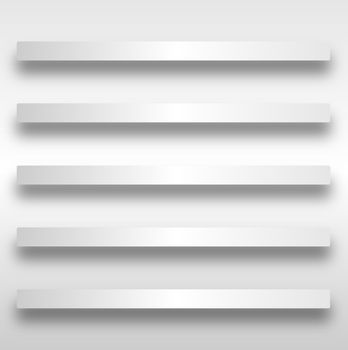 A set of 5 kitchen or book shelves in grey with shadow over a white background