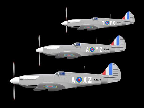 3 World War II fighter planes out on patrol against a black background.