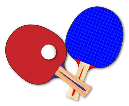 Two table tennis bats or rackets and ball over a white background