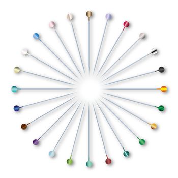 A set of 24 sewing knob head pins in a circle on white