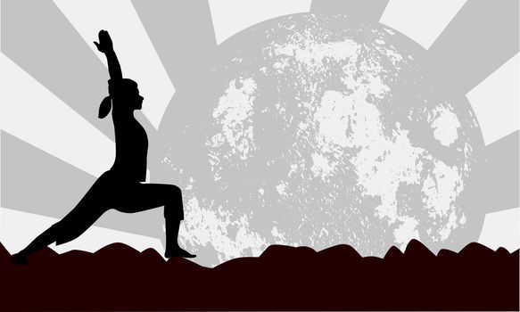A young women performing a yoga asana against a moon background