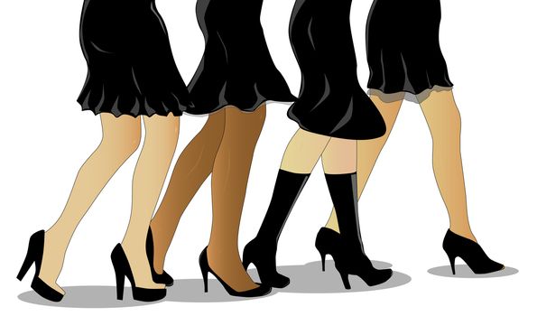 A collection of female legs walking all wearing a little black dress