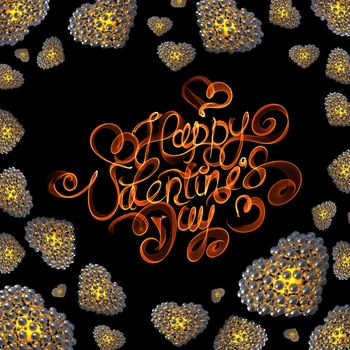 metal Gold hearts made of spheres isolated on black background. Happy valentines day lettering written by fire of smoke. 3d illustration.