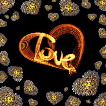 metal Gold hearts made of spheres isolated on black background with Love lettering written by fire or smoke. Happy valentines day 3d illustration.