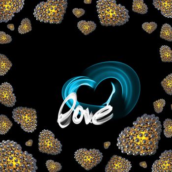 metal Gold hearts made of spheres isolated on black background with Love lettering written by fire or smoke. Happy valentines day 3d illustration.