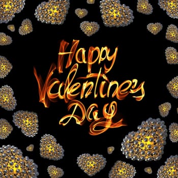 metal Gold hearts made of spheres isolated on black background. Happy valentines day lettering written by fire of smoke. 3d illustration.