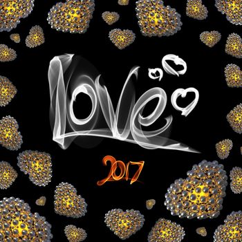 metal Gold hearts made of spheres isolated on black background with Love lettering written by fire or smoke. Happy valentines day 3d illustration.
