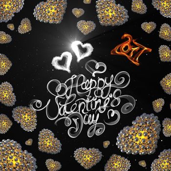 metal Gold hearts made of spheres isolated on black background. Happy valentines day lettering written by fire of smoke. 3d illustration.