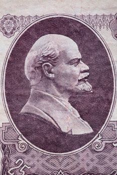 Vladimir Lenin profile portrait on the Soviet banknotes macro shot