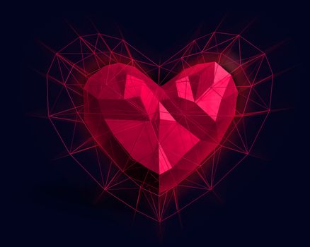 Abstract Heart in low poly style with pink light on the dark blue background for Happy Valentine's Day celebration. 3D rendering.