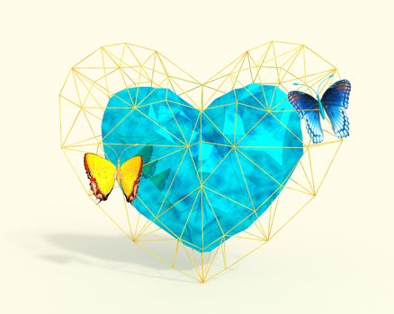 Abstract Heart in low poly style with pink light and blue butterflies on the white background for Happy Valentine's Day celebration. 3D rendering.