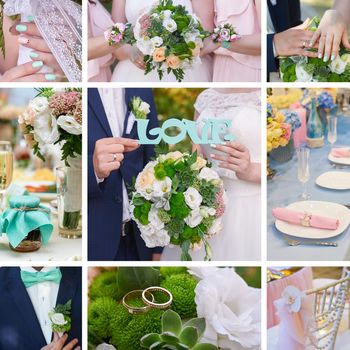 Wedding collage bride and groom, and the attributes of the bouquet and rings