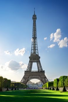 Metal Eiffel Tower and Champs de Mars in Paris, France