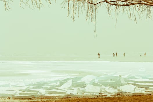 Winter scene at the frozen Lake Balaton, Hungary