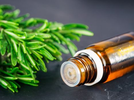 Rosemary essential oil in dark glass bottle and fresh rosemary on dark background with copy space