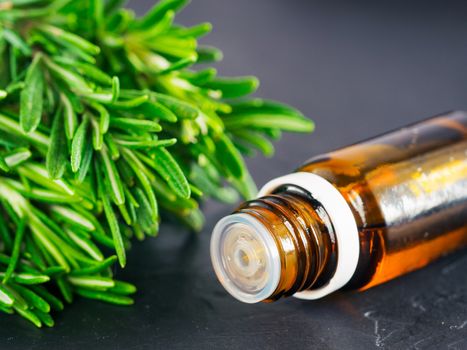 Rosemary essential oil in dark glass bottle and fresh rosemary on dark background with copy space