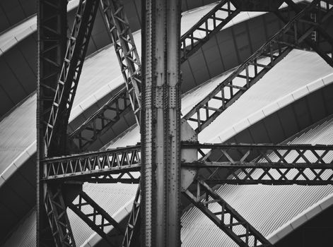 Conceptual Image Of An Old Industrial Crane Against Modern Contemporary Architecture In Glasgow Docklands