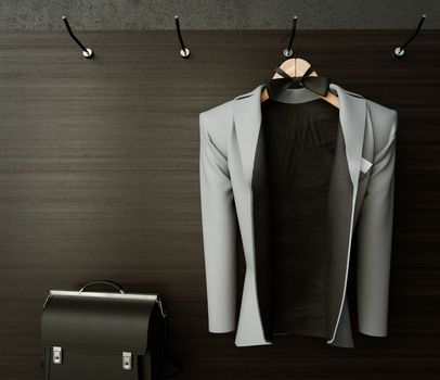 business jacket on textured wall with briefcase concept photo background