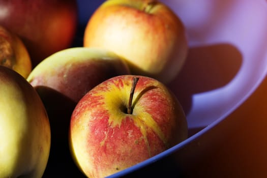 Fresh red apples.  red apples in a purple plate on a table