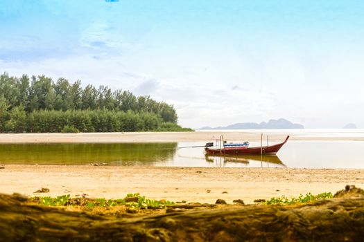 Fishing boat thailand and island background.