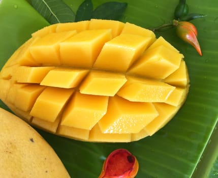 Mango sliced to cubes on the green banana leaf.