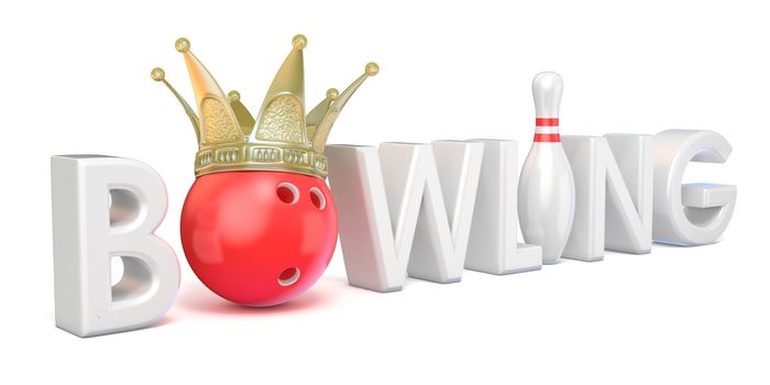 Word BOWLING, crown, bowling, ball and pin SIde view. 3D rendering illustration, isolated on white background