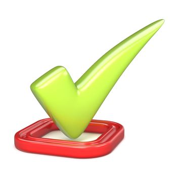 Green correct check mark in red square. 3D render illustration isolated on white background