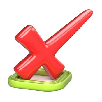 Red incorrect check mark in green square. 3D render illustration isolated on white background