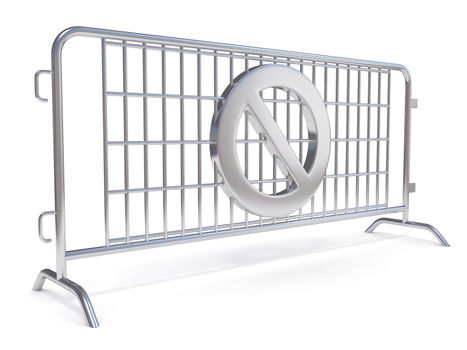 Steel barricades with NO sign. Side view. 3D render illustration isolated on white background