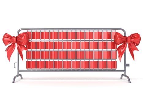 Steel barricades with red ribbon bows. Front view. 3D render illustration isolated on white background
