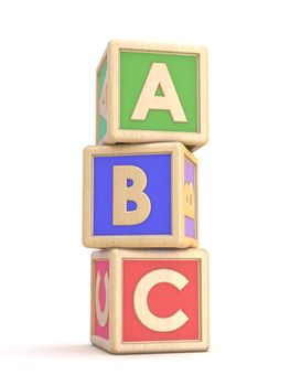 Letter blocks A, B and C vertical arranged. 3D render illustration isolated on white background