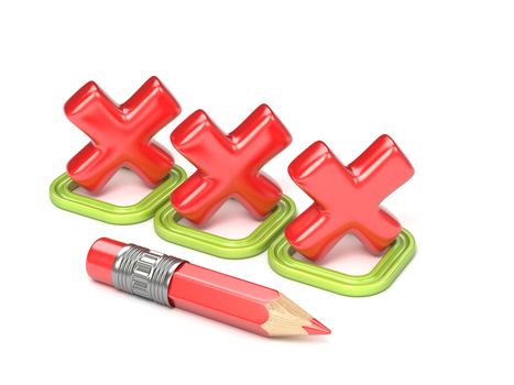Three red incorrect check mark in green square. 3D render illustration isolated on white background