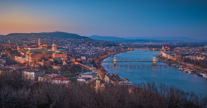 Panoramic View of Budapest and the Danube River as Seen from Gellert Hill Lookout Point at Twilight